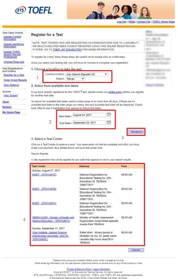 تافل کشور و شهری که می خواهید در آن امتحان تافل دهید را انتخاب کنید