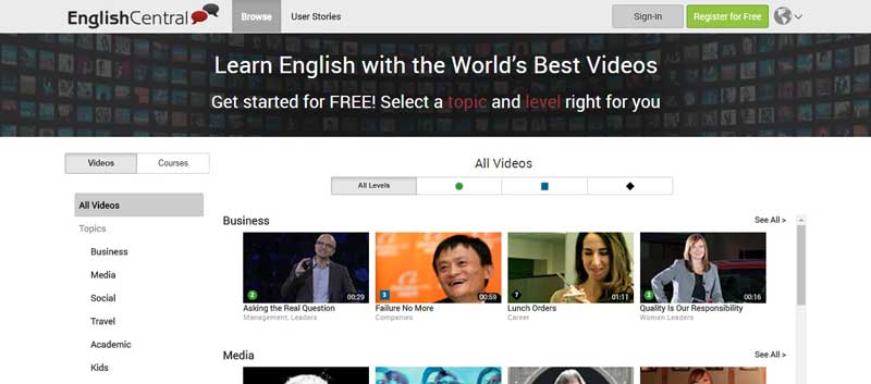 تصویری از وب سایت آموزش زبان انگلیسی English-central