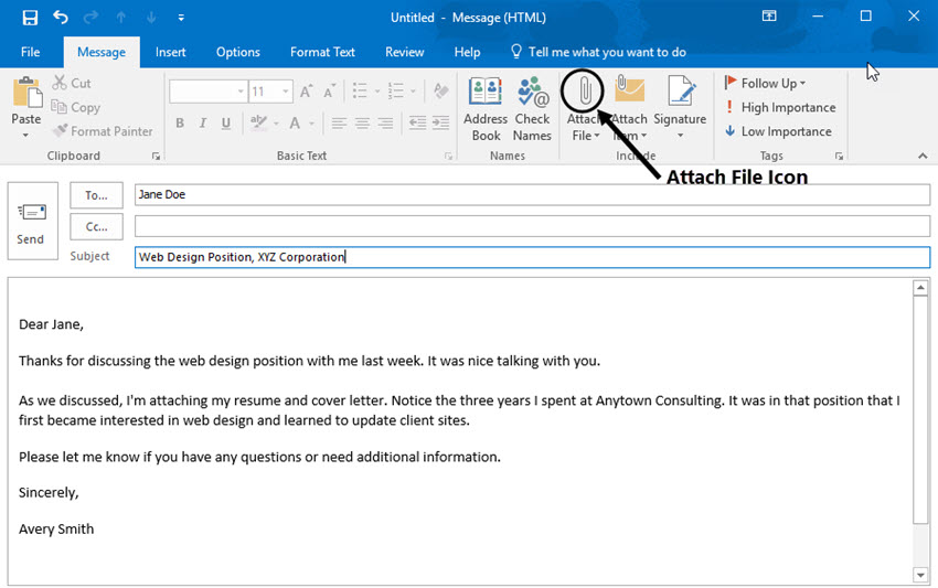 attach a file with resume to an email in Outlook