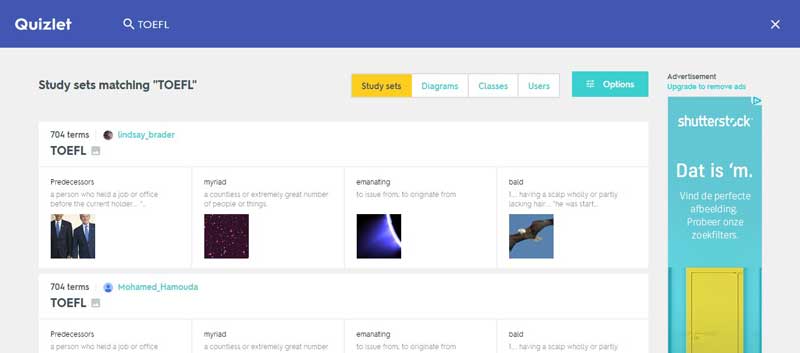 تصویری از وب سایت Quizlet آموزش تافل