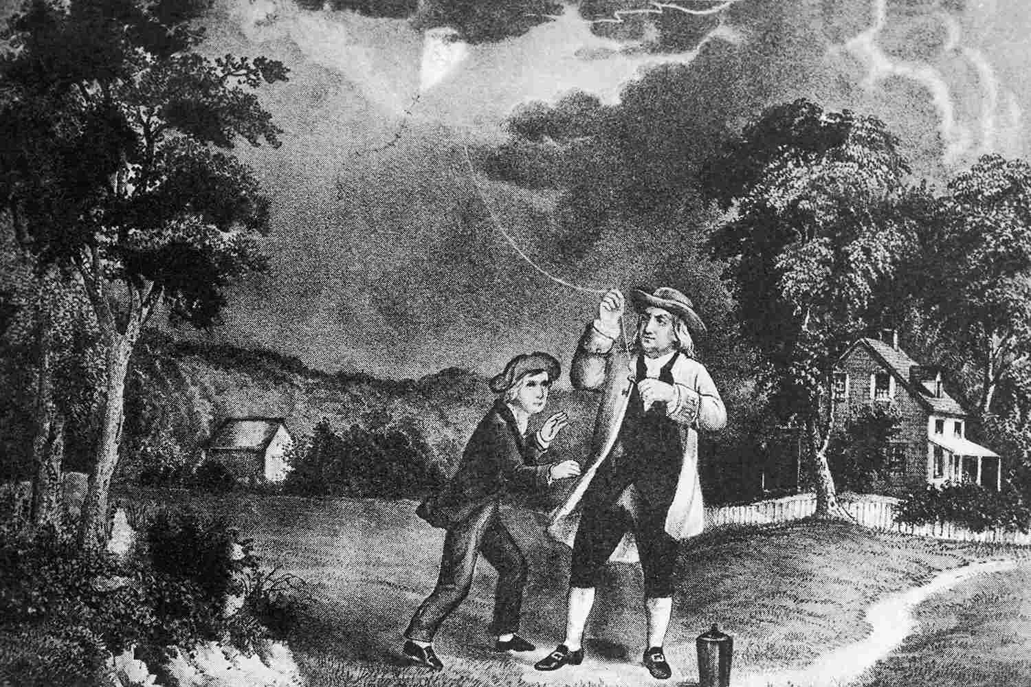 نقاشی مداد از بنجامین فرانکلین که در حین طوفان، بادبادکی پرواز می دهد.