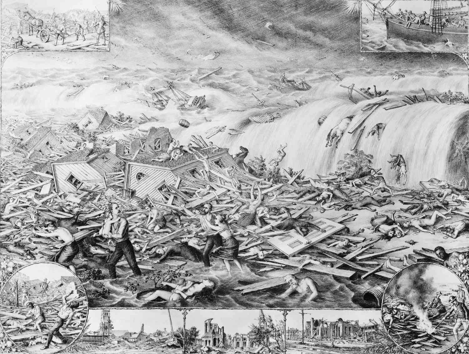 لیتوگرافی از موج عظیم خلیج که گالوستن را در ۸ سپتامبر ۱۹۰۰ ویران کرد.