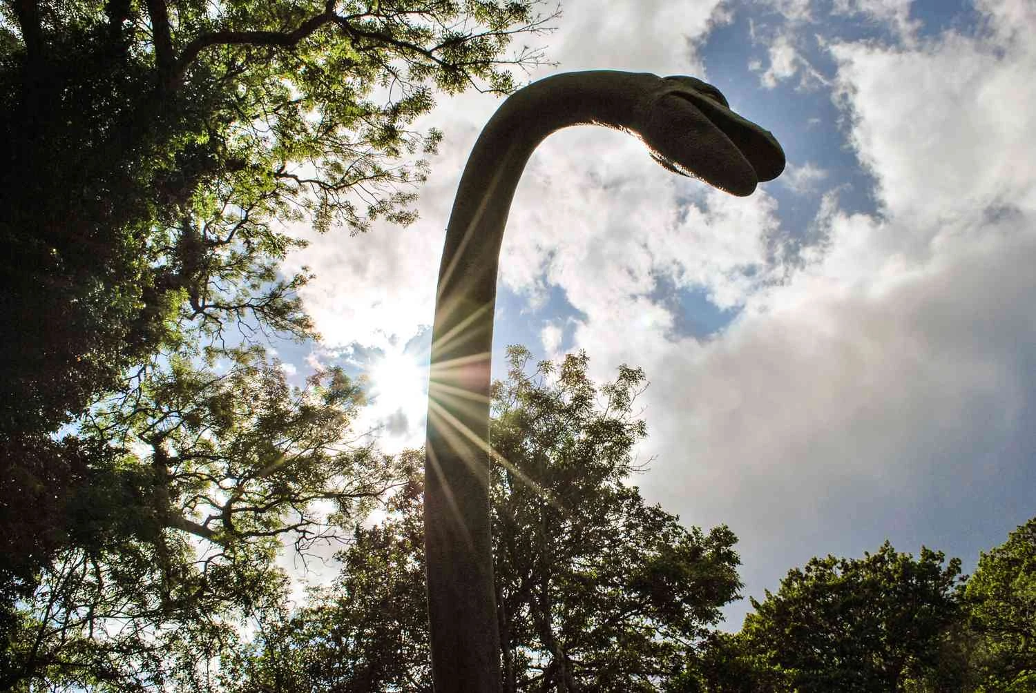 مجسمه نسی از پایین در برابر پس زمینه درختان و آسمان آبی دیده می شود.
