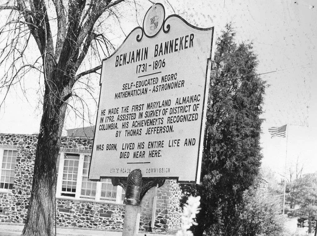 نشان تاریخی که یادبود بنجامین بننکر در مدرسه بنجامین بننکر، اوئلا، مریلند، در سال 1979 است.