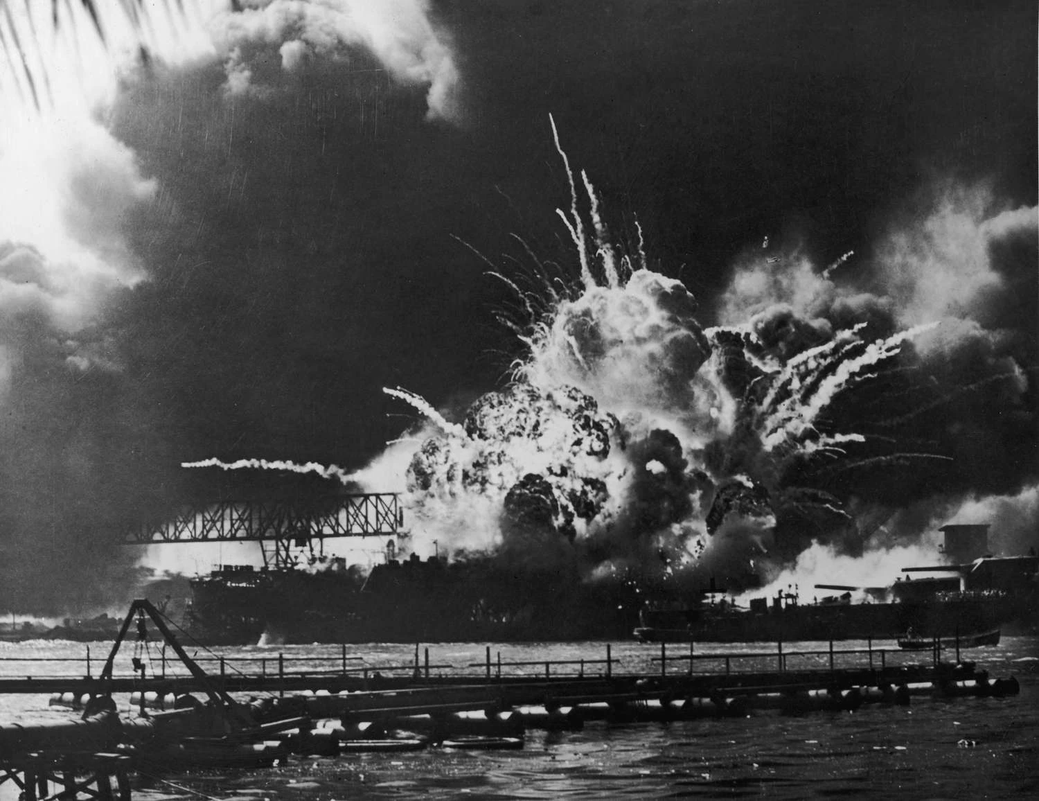 View of the USS Shaw exploding at Pearl Harbor