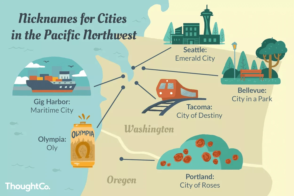 نقشه اسامی مستعار شهرهای شمال غربی اقیانوس آرام