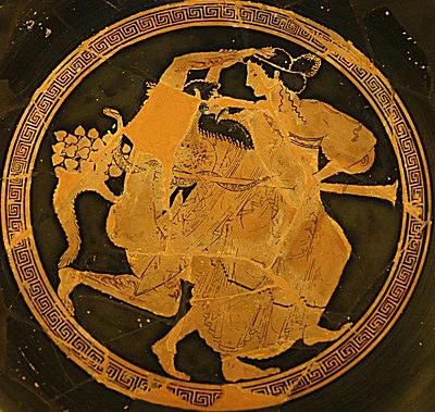 ساتیر و مناد، توندو از یک جام آتیکی با نقوش سرخ، حدود 510-500 قبل از میلاد