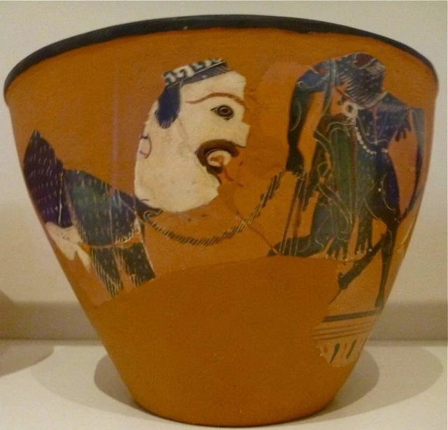 هرکول در حال هدایت یک هیولای چهارپا با سر بزرگ، کاسه با نقوش سیاه